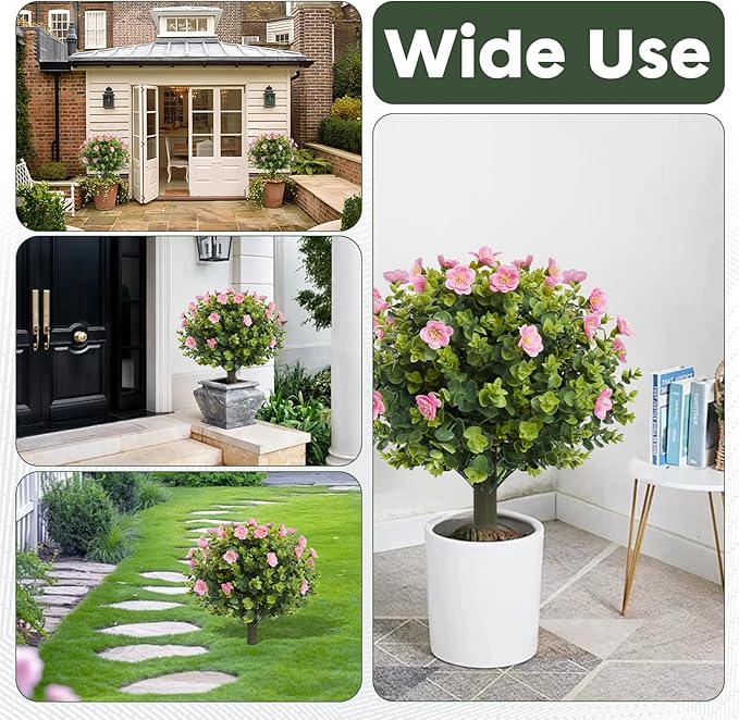 20" Artificial Camellia Topiary Ball Tree with Spike, Artificial Boxwood Shrubs Fake Bushes Set of 2, Faux Floral Flower Plant for Porch, Artificial Plants for Outdoor Indoor UV Resistant