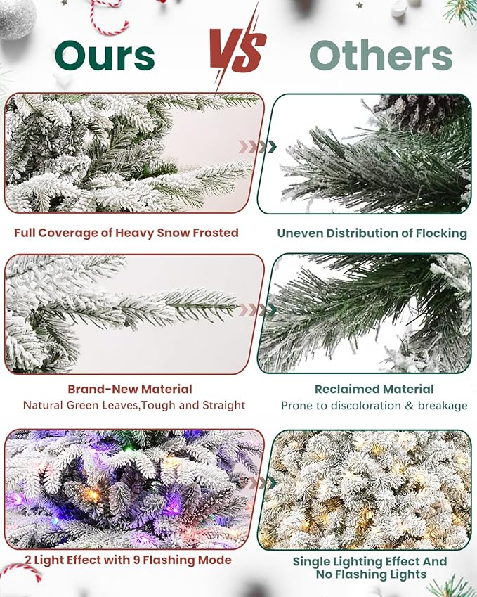 8FT Christmas Tree Prelit Flocked，Snow Frosted PE Tips Premium Artificial Xmas Tree，Foldable Metal Base, Holiday Decoration Warm White & Muticolor LED