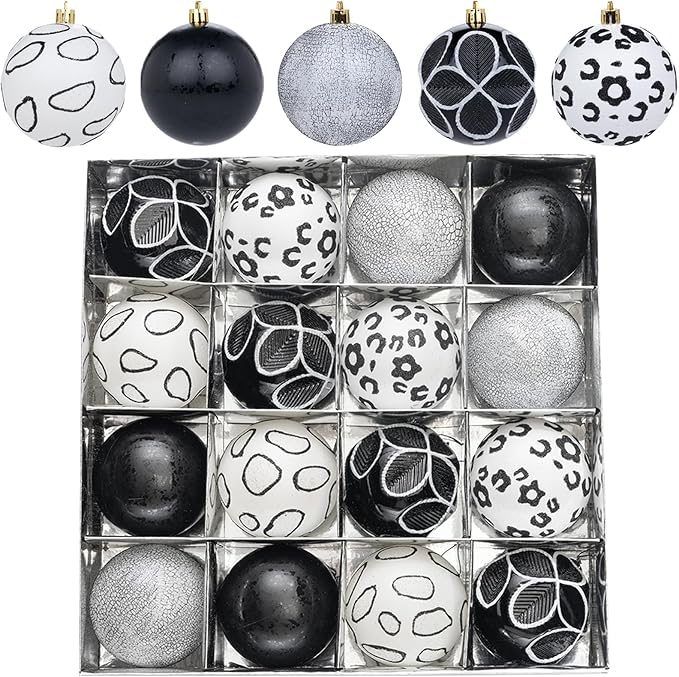 16CT Leopard Christmas Ornaments,Shatterproof Black and White Christmas Decorations, Lage Baubles Ornaments Hanging Decor for Xmas Tree Home Party Festivals (80MM/3.15'')