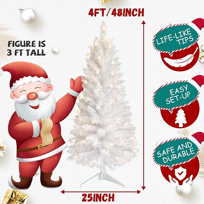 4ft Artificial Full White Christmas Tree with Separate Lights, Not Pre-lit Mini White Tinsel Pine Christmas Tree, 50 Lights, Small Xmas Tree for Home, Office, Party Decoration, Indoor