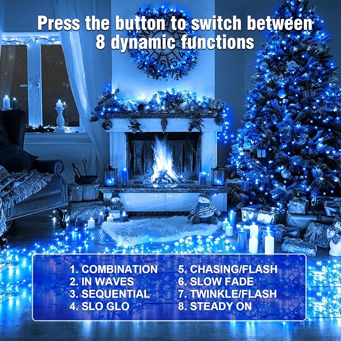 Nisocy 66FT 200 LED Blue String Lights with Green Wire, Waterproof Seasonal Fairy Lights with 8 Modes, Indoor Outdoor Decorative Lighting for Christmas Tree, Party, Garden, Patio