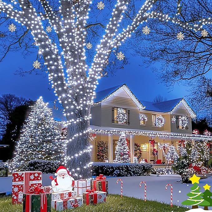 JMEXSUSS 500 LED White Christmas Lights Outdoor, 173ft 8 Modes Led Christmas Lights, Waterproof White String Light for Tree House Wedding Party Xmas Decorations