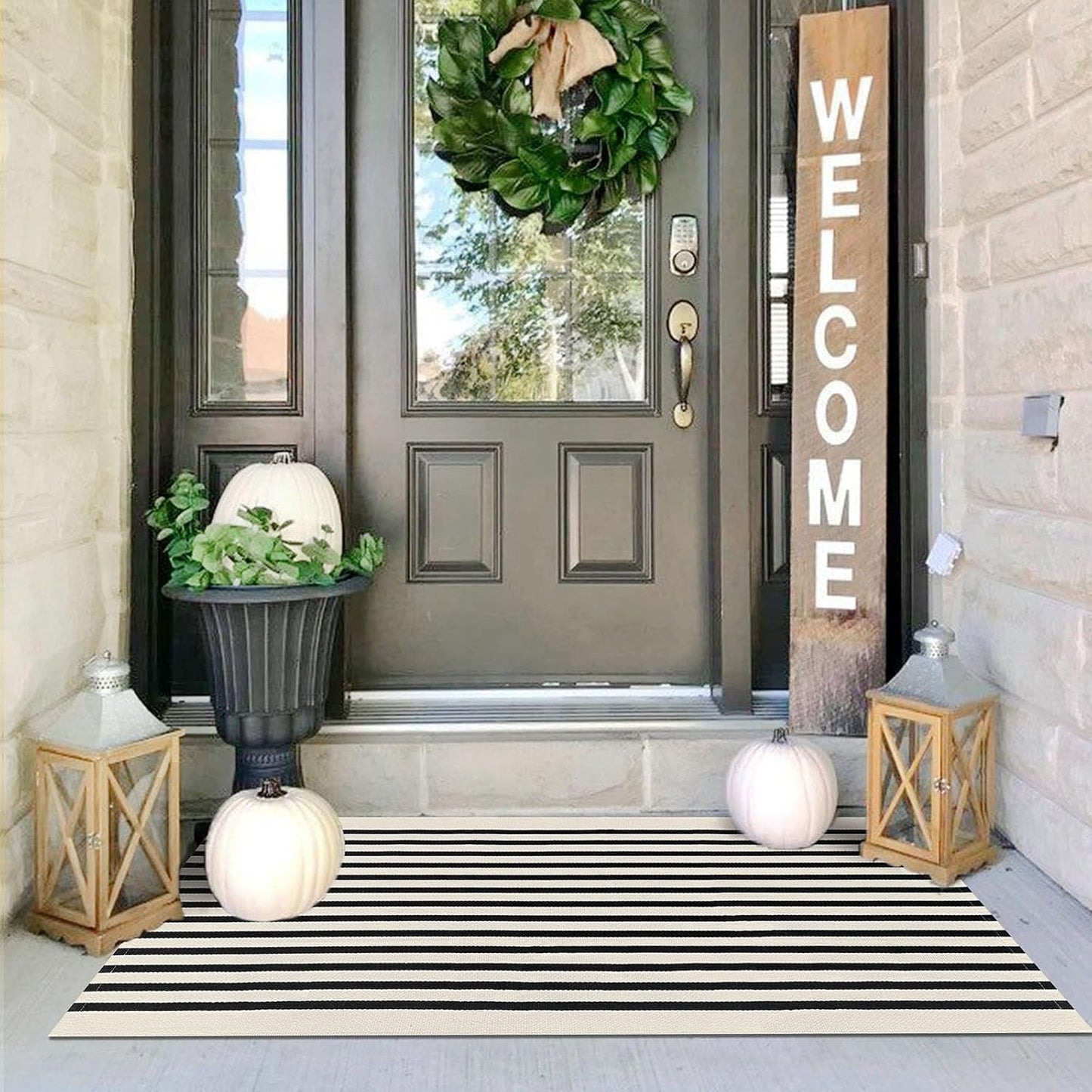 IOHOUZE Black Beige Striped Rug -2'x4.3' Front Door Rugs Outdoor, Small Washable Area Rug for Front Porch, Spring Summer Welcome Mats Outdoor Indoor, Doormat for Entryway Porch Entrance