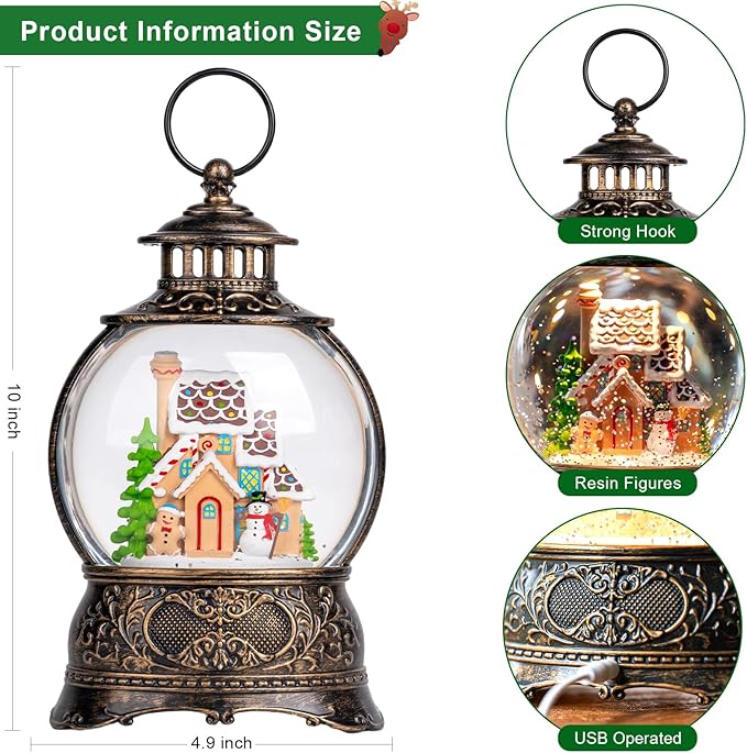 Christmas Snow Globes Christmas Water Lantern with Gingerbread Man & Snowman, Music & 6H Timer, USB Lined/Battery Operated Lighted Lanterns for Xmas Festival Decoration Gifts