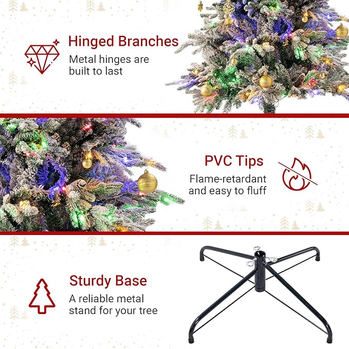 6ft Prelit Artificial Christmas Tree with 200 Multi-Color LED, 4 Color 8 Mode, Flocked Hinged Xmas Tree with 1000 Realistic Branches & Pinecones, Easy Assembly for Home Holiday Decoration