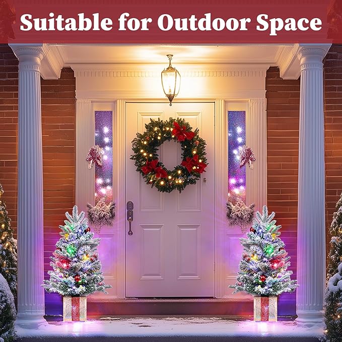 Brightever 2FT Small Christmas Tree, Prelit Mini Christmas Tree with 50 Multi-Color LED Lights, Gold Gift Box Base, Battery Operated Little Xmas Tree for Table Top, Pinecone & Berries Included, Green