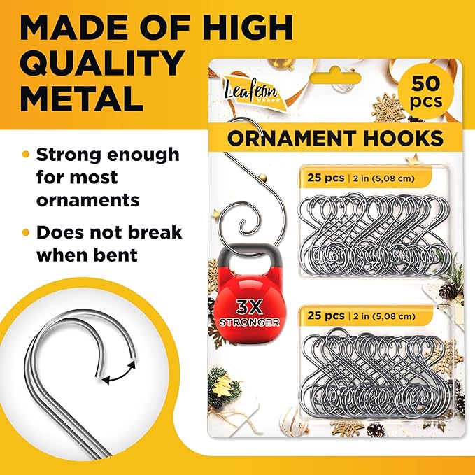 Leafeon 50 Pack S-Shaped Christmas Ornament Hooks – Great S-Shaped Ornament Hangers for Christmas Tree Decoration (Silver)