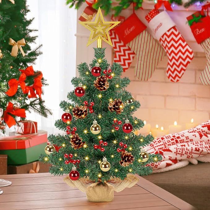 [ Timer & 8 Modes] 24 Inch Artificial Mini Christmas Tree with 50 Warm White Lights Star Treetop and Ornaments Small Tabletop Christmas Tree for Indoor Home Table Christmas Decorations
