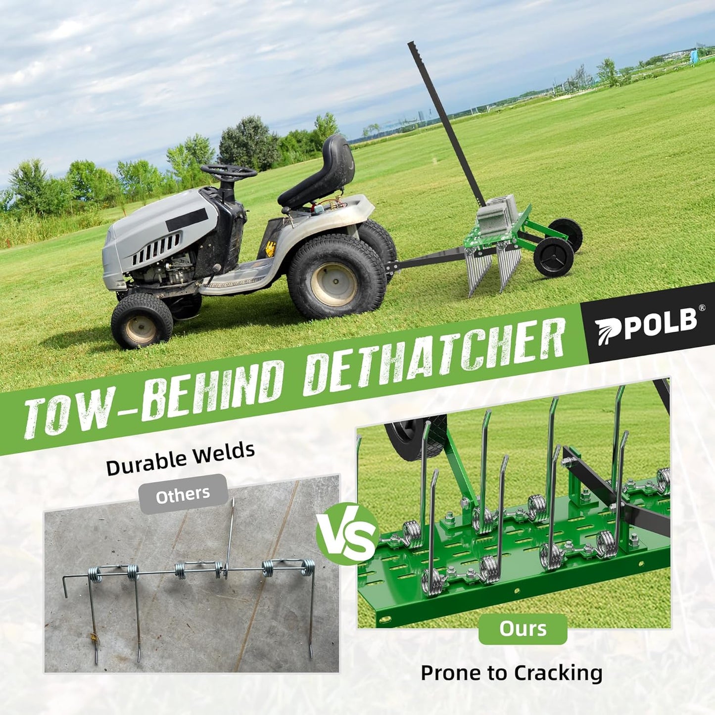 48" Tow-Behind Dethatcher with 24 Spring Steel Tines, Pull Behind Lawn Tractor Mower Grass Rake for Yard, Garden, and Farm Care – Removes Thatch, Leaves, and Pine Needles-Green