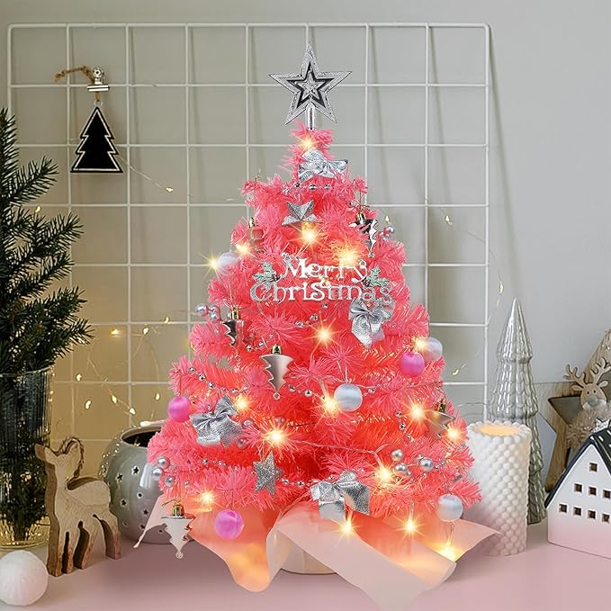 Juegoal Pink Mini Christmas Tree, 24 Inch/2 FT Lighted Tabletop Artificial Xmas Pine Tree, Small Spruce Tree Light Up Battery Operated & Timer with 50 LED Lights, for Holiday Winter Home Party Decor
