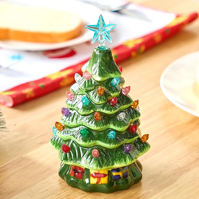 Joiedomi 7" Ceramic Christmas Tree with Gift Box, Mini Prelit Tabletop Christmas Tree with Multicolored Bulbs for Best Desk Decoration