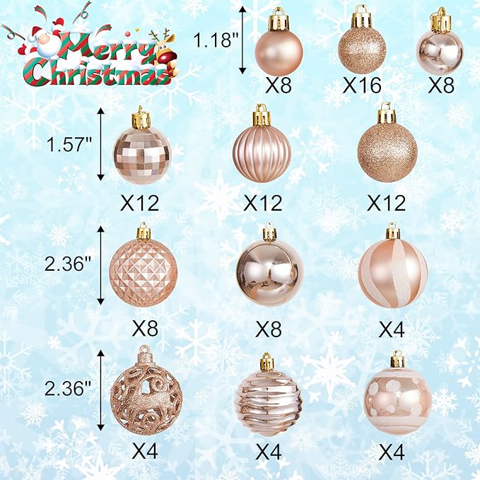 100Pcs Christmas Ball Ornaments Set, Assorted Shatterproof Christmas Tree Balls, Decorative Hanging Baubles Set for Holiday Weeding Party Home Decorations, Rose Gold