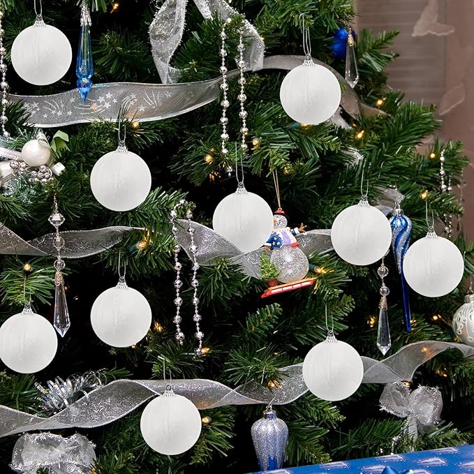 Woration 9pcs Christmas Tree Ornaments Velvet Balls Shatterproof 2.36inches White Flocked Balls Hanging Xmas Trees Decorations for Wreath Holiday Party