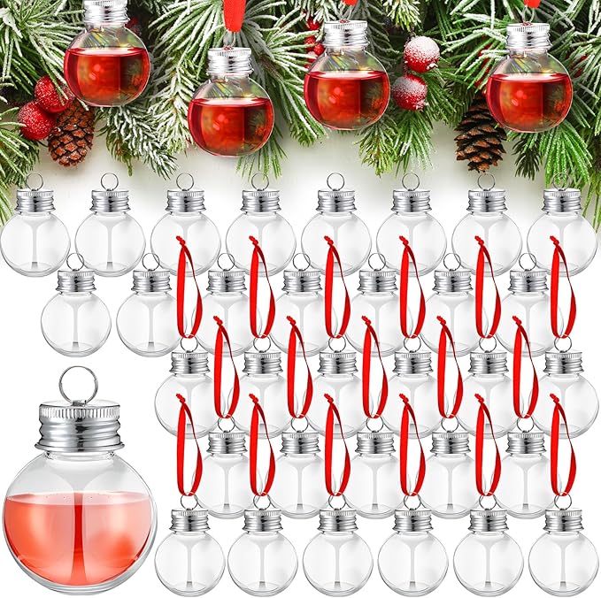 Patelai 50 Pcs Christmas Drink Balls Shot Glass Ornament Plastic Fillable Christmas Tree Ornaments Xmas Water Bottle Bulbs for Holiday Party Indoor Outdoor (Clear with Silver Lid)