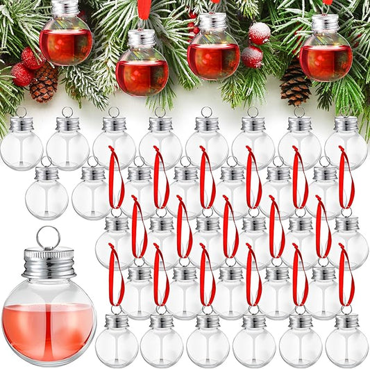 Patelai 50 Pcs Christmas Drink Balls Shot Glass Ornament Plastic Fillable Christmas Tree Ornaments Xmas Water Bottle Bulbs for Holiday Party Indoor Outdoor (Clear with Silver Lid)