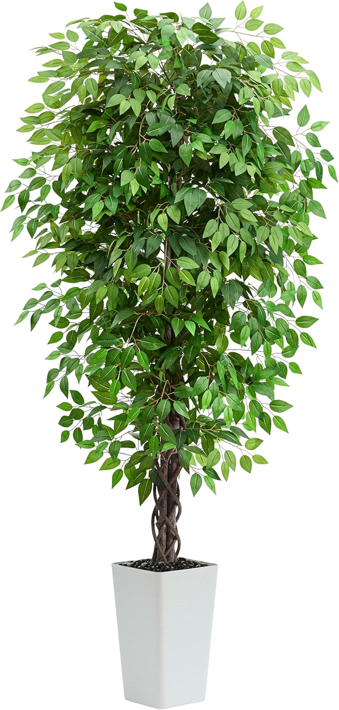 Artificial Ficus Tree 7FT Faux Plants Indoor Tall Fake Plants with White Tall Planter, Green Lifelike Lush Fake Ficus Tree for Home Living Room Bedroom Outdoor Balcony House Office Decor