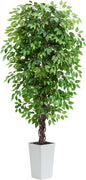 Artificial Ficus Tree 7FT Faux Plants Indoor Tall Fake Plants with White Tall Planter, Green Lifelike Lush Fake Ficus Tree for Home Living Room Bedroom Outdoor Balcony House Office Decor