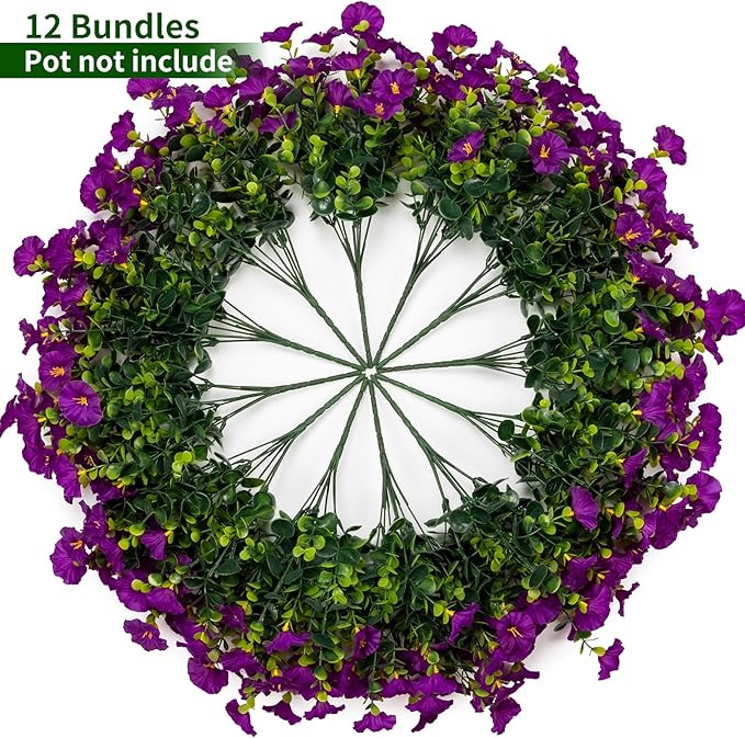 Lnoicy Artificial Flowers for Outdoor 12 Bundles Eucalyptus Fake Flowers for Planter,UV Resistant Fake Morning Glory for Home/Porch/Garden Decoration（Fuchsia）