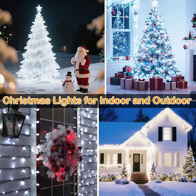 Decute 300LED Christmas String Lights Outdoor Waterproof 105FT UL Certified with End-to-End Plug 8 Modes, Cool White Indoor Starry Fairy Lights for Christmas Tree Patio Garden Wedding Party Decor