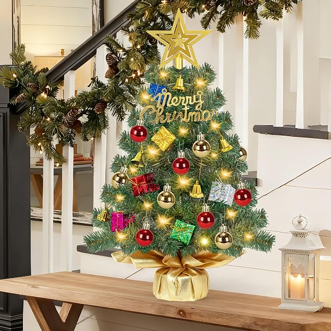 24 Inch Realistic Tabletop Christmas Tree Small Christmas Tree with 50 Warm Lights Star Treetop and Ornaments Battery Operated Indoor Home Table Christmas Decorations