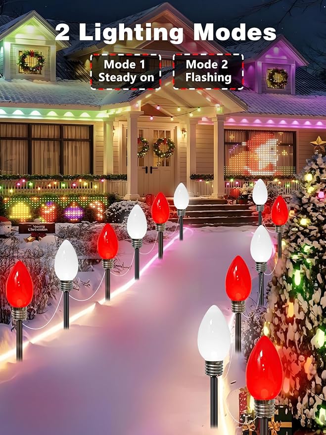 12 Pack Large C9 Christmas Decorations Outdoor, Waterproof C9 Christmas Lights Plug in with 2 Modes and Timer, Pathway Light for Party Indoor Yard Patio Walkway Garden Xmas Decoration (Red and White)