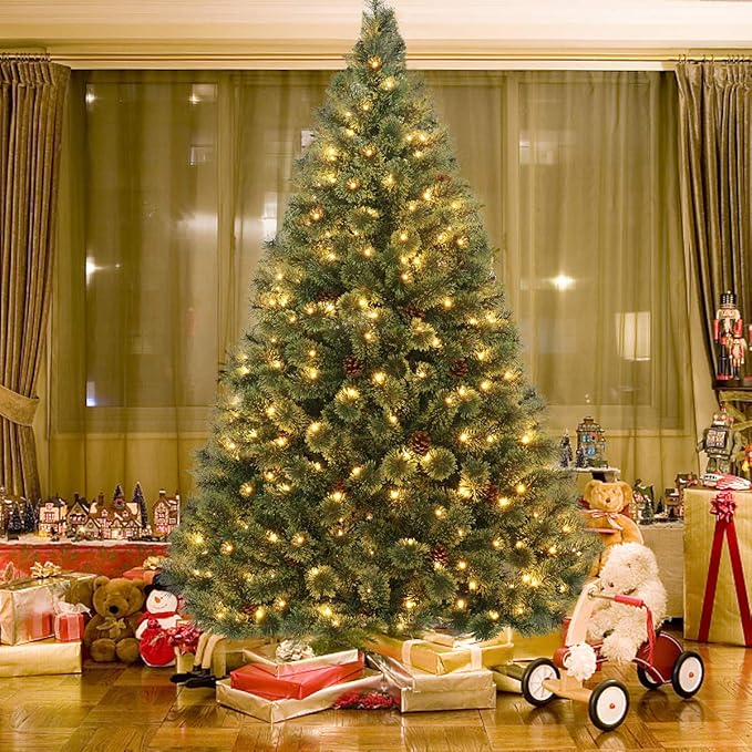 HAPPYGRILL 6FT Pre-Lit Hinged Christmas Tree Artificial Pine Tree with 484 Tips & 260 LED Lights, 49 Pine Cones & Foldable Metal Stand, Holiday Decoration Xmas Tree for Home and Shop