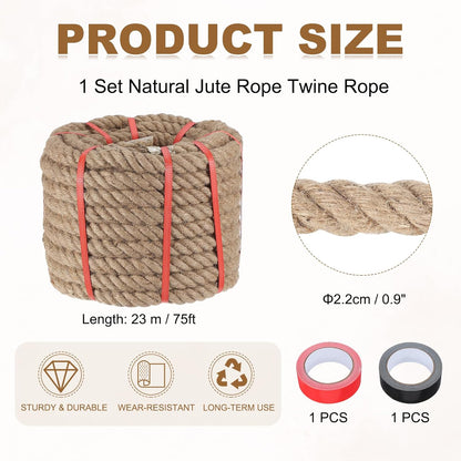 MECCANIXITY Jute Rope 0.9 Inch x 75ft, Thick Twine Rope Ropes Braided Jute Twine Natural Brown Burlap Cord String Heavy Twisted with Tapes for Decorative Crafts Railing Swing Tug of War