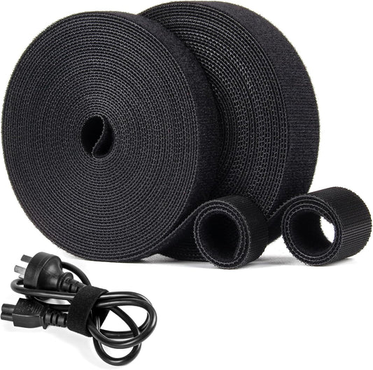 OneLeaf Fastening Cable Management Roll, Reusable Multi-Purpose Cords Management, Double Sided Hook and Loop Cable Ties Roll，Cut to Length Straps, Black Heavy Duty Wire Management