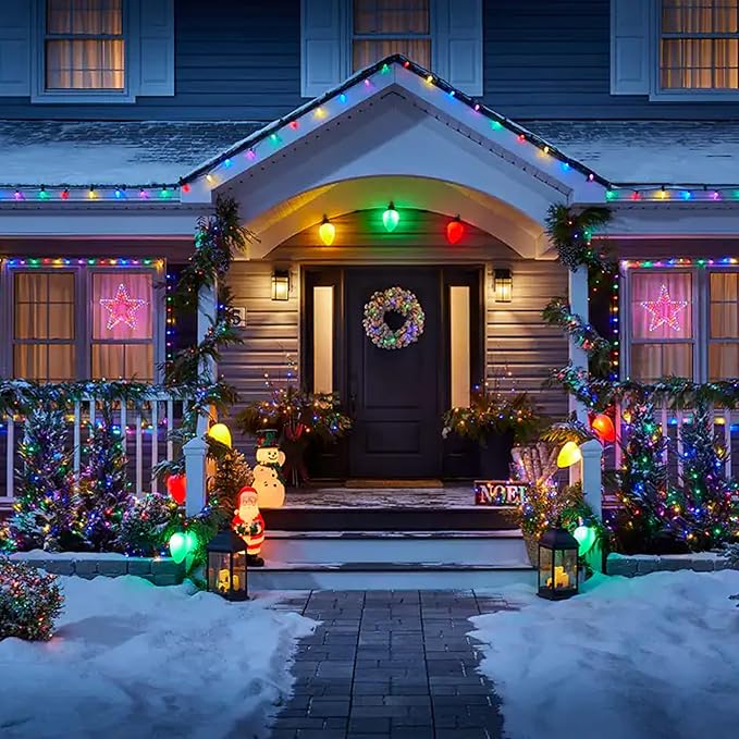 Dazzle Bright C9 Christmas String Lights, Waterproof Connectable Green Wire Fairy Lights, Christmas Lights for Indoor Outdoor Home Yard Xmas Tree House Decorations (Multi-Colored, 50 LED)