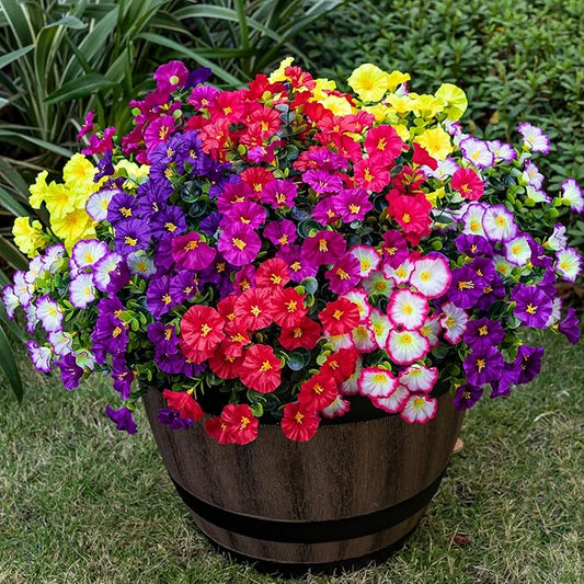 Artificial Faux Flowers for Outdoor 16 Bundles Boxwood Fake Morning Glory for Planter,UV Resistant Fake Flowers for Home Porch Patio Outside（8 Color）