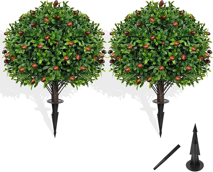 Artificial Boxwood Topiary Tree with Olive, Set of 2 Artificial Shrub Bushes with Ground Spike, Fake Evergreen Tree for Porch, Artificial Plants for Outdoor Planters Indoor UV Resistant