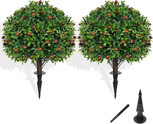 Artificial Boxwood Topiary Tree with Olive, Set of 2 Artificial Shrub Bushes with Ground Spike, Fake Evergreen Tree for Porch, Artificial Plants for Outdoor Planters Indoor UV Resistant