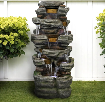 SunJet 47.2" High Cascading Rock Outdoor Water Fountain with LED Lights - Large Outdoor Resin Fountains and Waterfalls for Garden or Patio, Yard, and Deck Decor, Featuring Natural Stone Look