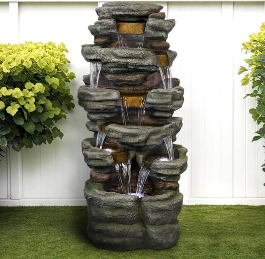 SunJet 47.2" High Cascading Rock Outdoor Water Fountain with LED Lights - Large Outdoor Resin Fountains and Waterfalls for Garden or Patio, Yard, and Deck Decor, Featuring Natural Stone Look