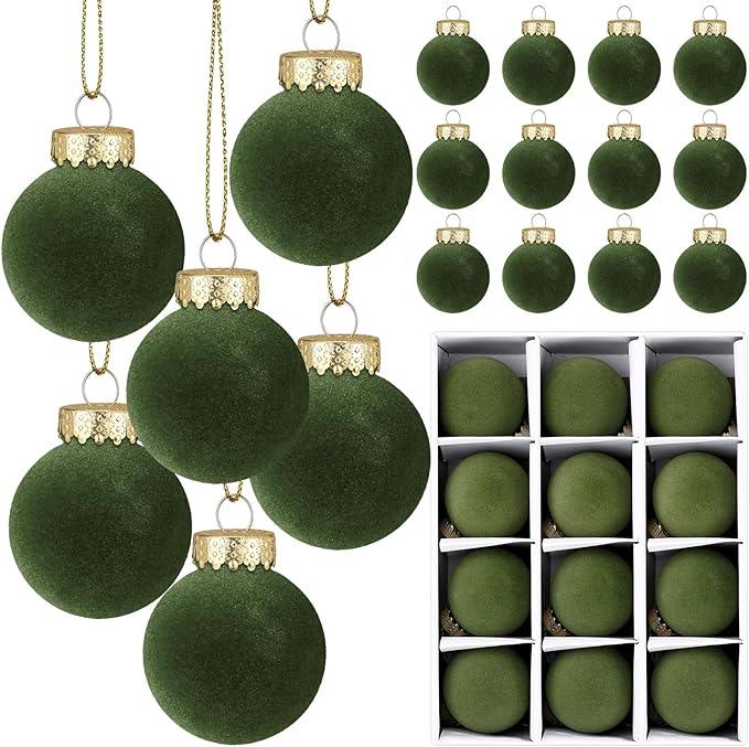 12 Pcs Velvet Christmas Balls Flocked Christmas Tree Hanging Ornaments Shatterproof Plastic Hanging Balls Decorations for Xmas Tree Party Home Holiday Decor (Green, 2.36 inch)