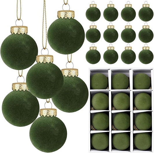 12 Pcs Velvet Christmas Balls Flocked Christmas Tree Hanging Ornaments Shatterproof Plastic Hanging Balls Decorations for Xmas Tree Party Home Holiday Decor (Green, 3.15 inch)