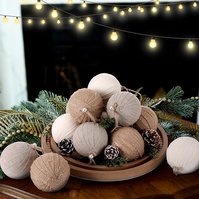 Syhood 12 Pcs Rustic Christmas Ball 3.15 Inch Neutral Farmhouse Christmas Tree Ornaments Shatterproof Hanging Cottage Burlap Fabric Textured Ball for Xmas Tree Party Garlands Wreath Home Decor