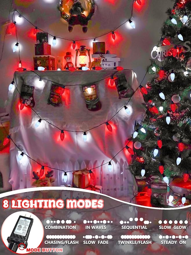 2-Pack Connectable C9 Christmas Lights Outdoor Indoor, 66 FT 100 LED Christmas String Lights Plug in with 8 Modes & Timer, Waterproof Fairy Twinkle Light for Xmas Tree Yard Decorations (Red and White)
