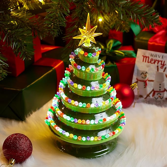 JOIEDOMI 12" Novelty Ceramic Christmas Tree, Lightup Tabletop Xmas Tree with 220 Spiral-Arranged LED Lights, Classic Retro Porcelain Tabletop Decor for Xmas Indoor Office Decorations