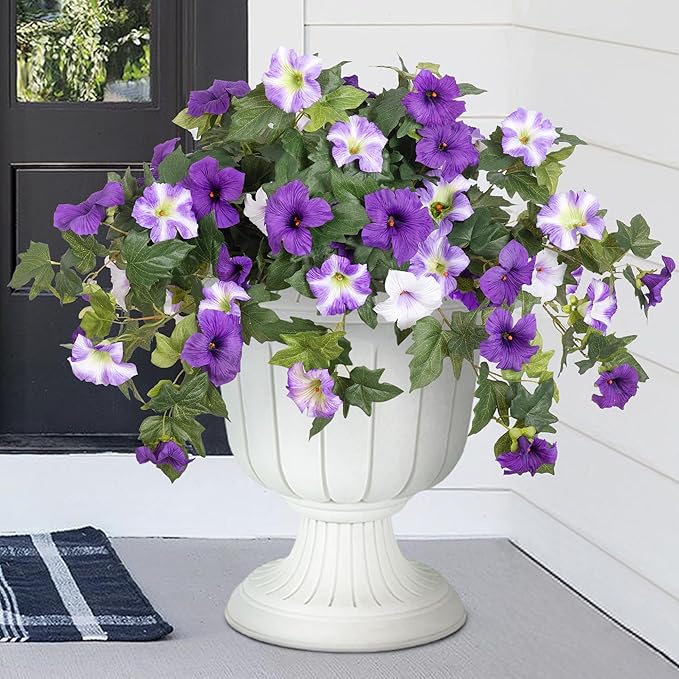 Artificial Fake Flowers Plants for Outdoor Decoration, 2PCS Faux Petunias Silk Flower UV Resistant No Fade for Home Outside Garden Balcony Yard Porch Realistic Indoor Decor (Purple White)