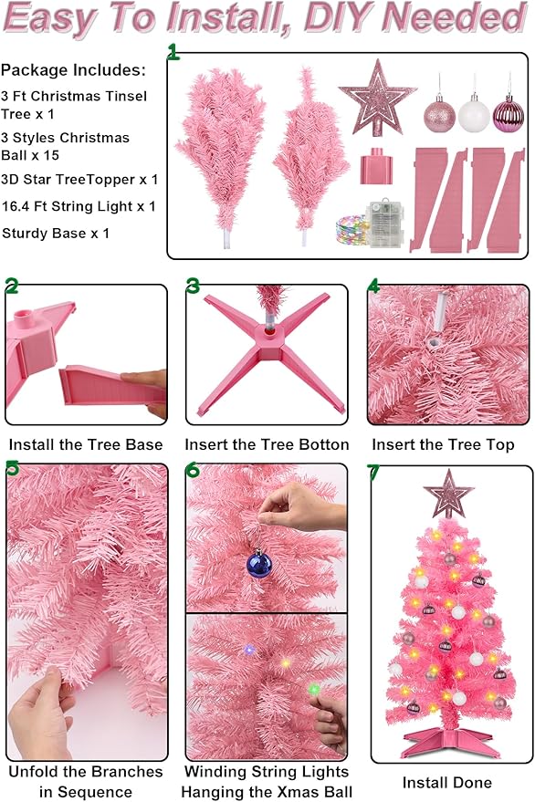3 Feet Pink Premium Christmas Tree 12 Modes Dual Color Change Timer DIY 50 Warm White & Multicolor Lights Star 15 Ball Ornaments Battery Operated Small Artificial Full Xmas Tree Table Home Indoor