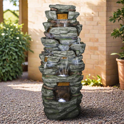SunJet 79" High Multi-Tiers Cascading Rock Outdoor Water Fountain with LED Lights - Large Outdoor Fountains and Waterfalls for Garden or Patio, Yard, and Deck Decor, Featuring Natural Stone Look