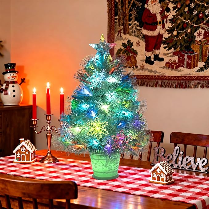 Artificial Christmas Tree, 24inch Small Christmas Tree White Fiber Optic Prelit Tabletop Xmas Tree with 67 Led Lights 7 Colors Lighted Christmas Tree Holiday Home Decor