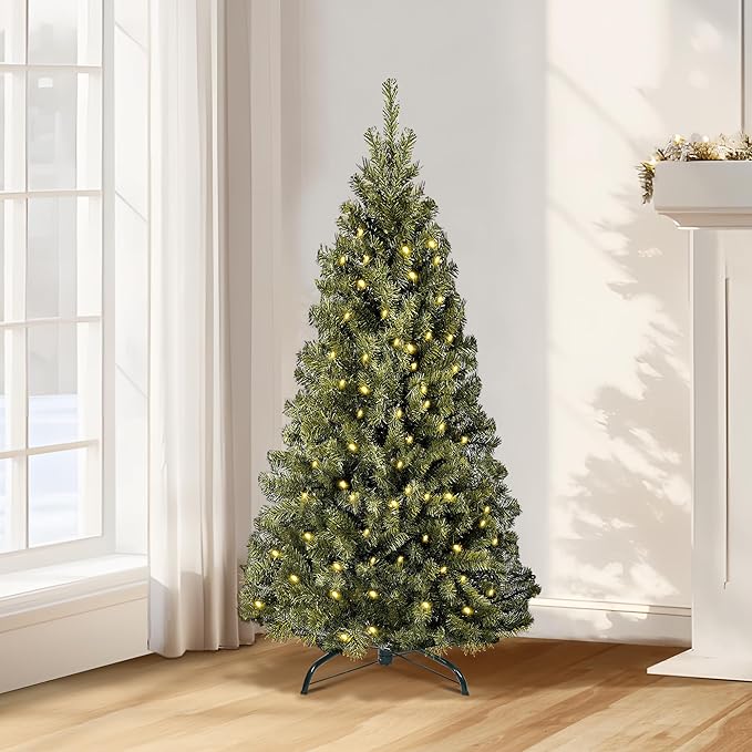 Annecy 4.5ft Pre-Lit Christmas Tree, Green Artificial Full Spruce Christmas Tree w/ 400 Branch Tips, 200 Warm White & Multi-Color Lights for Home, Office, Decoration, Metal Hinges & Base, Green 4.5 ft