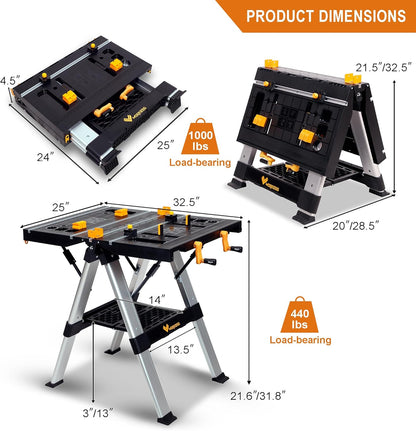 Portable Workbench & Sawhorse, 440Lbs/1000Lbs Capacity Heavy Duty Folding Work Table, 21.5"-32.5" Adjustable Height with Clamping System, 2 x 4 Support Arms, Tool Tray for Garage