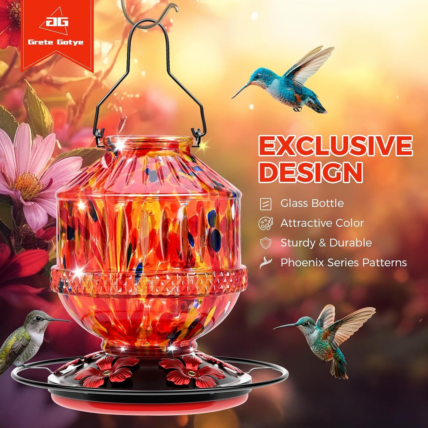 Blown Glass Hummingbird Feeders for Outdoors, 25 Ounces Wild Bird Nectar Feeder with Perch & 5 Flower Feeding Ports Leak Proof Hanging for Garden Backyard Decor, Gifts for Women Mom, Sunrise Red