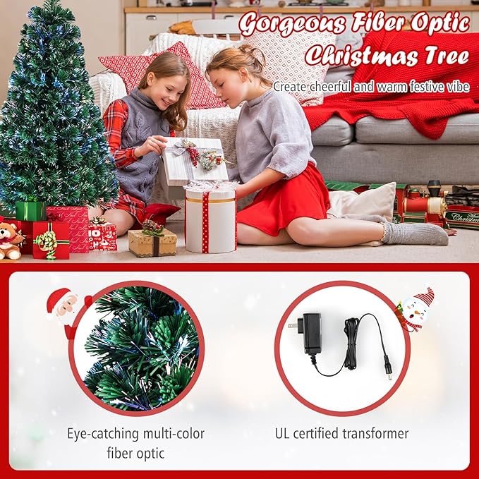 HAPPYGRILL 4FT Pre-Lit Fiber Optic Christmas Tree Artificial Christmas Tree with 125 PVC Tips, Green Xmas Tree with LED Lights for Indoor Outdoor Festival Decor