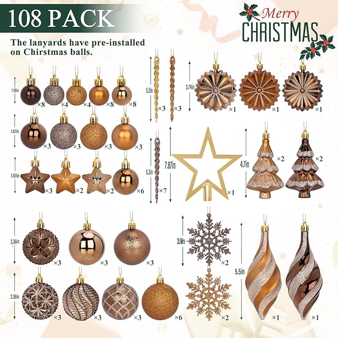 108 Pcs Christmas Ball Ornaments Set, Bronze Copper Brown Gold Shatterproof Hand-Painted Hanging Bulbs Bulk, Decoration for Fall Thanksgiving Harvest Xmas Tree Home Holiday Decor