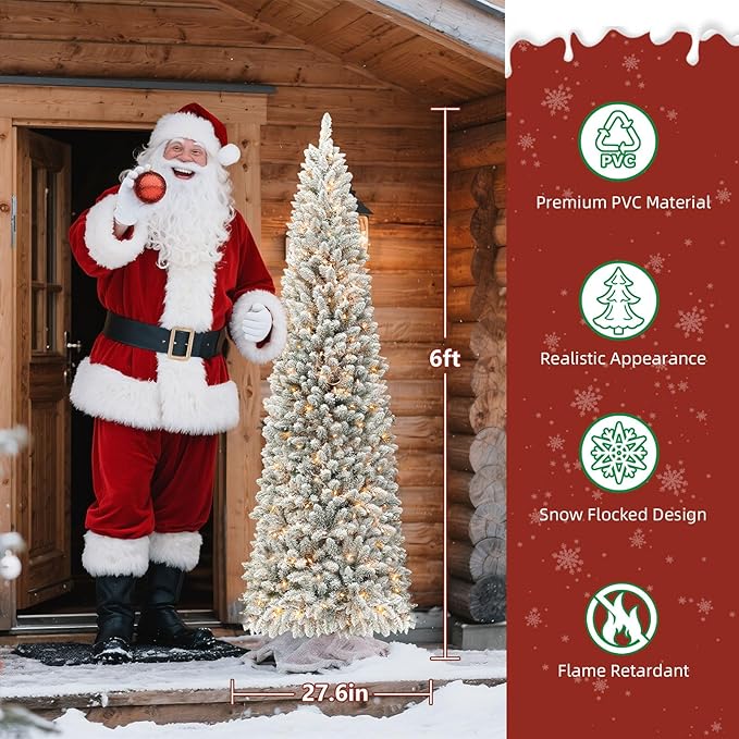 Pencil Prelit Christmas Tree 6ft - Skinny Flocked Artificial Christmas Tree with 210 Warm White Lights, 648 Snowy PVC Branch Tips, Slim Holiday Tree Decoration for Xmas - White