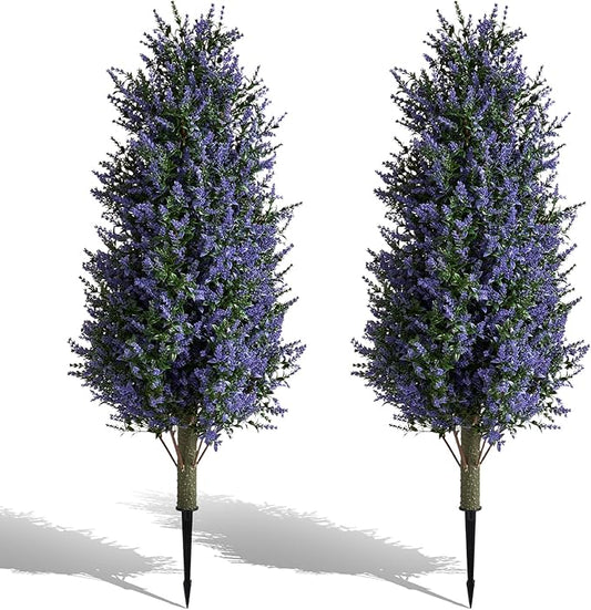MGWILL 3FT Artificial Lavender Topiary Tree, Set of 2 Artificial Shrubs Fake Bushes with Spike, Faux Lavender Plants for Porch, Artificial Plants for Outdoor Planters Indoor UV Resistant